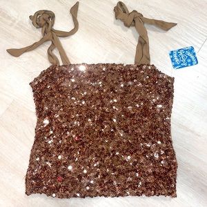 NWT FREE PEOPLE sequin crop with silky tie sleeves in “rose” xs